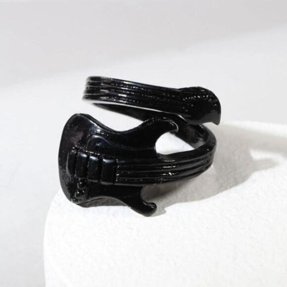 Adjustable Black Enameled Guitar Fashion Ring Unisex Nickel-Free Music Lovers